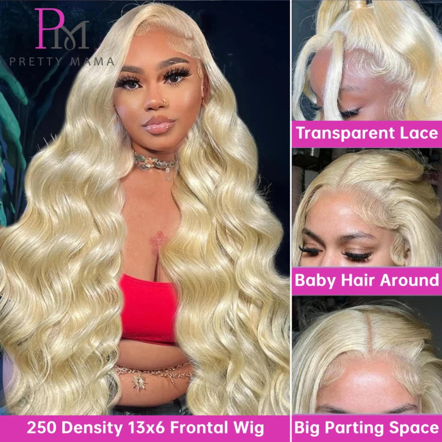 Blonde wig with detailed features and branding on a dark background