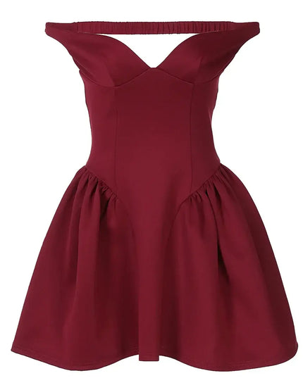 Elegant off shoulder mini dress party in burgundy with draped V neck and A-line silhouette.