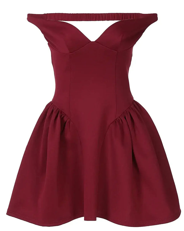Elegant off shoulder mini dress party in burgundy with draped V neck and A-line silhouette.