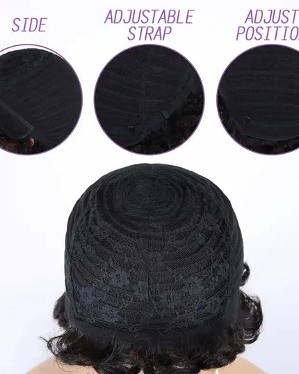 Features of a curly pixie cut wig for women showing adjustable strap and cap position.