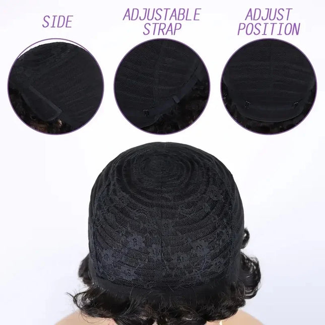 Features of a curly pixie cut wig for women showing adjustable strap and cap position.