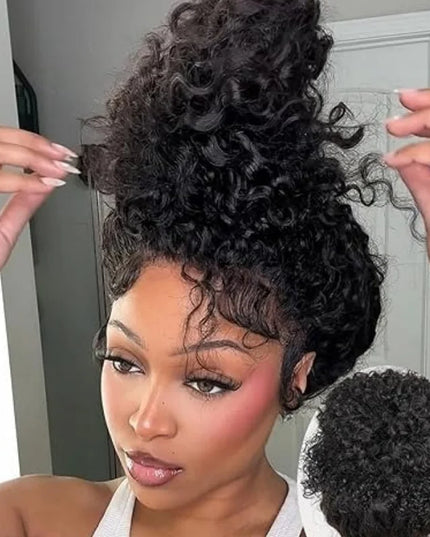 Woman with styled hair and a close-up of a hair extension.