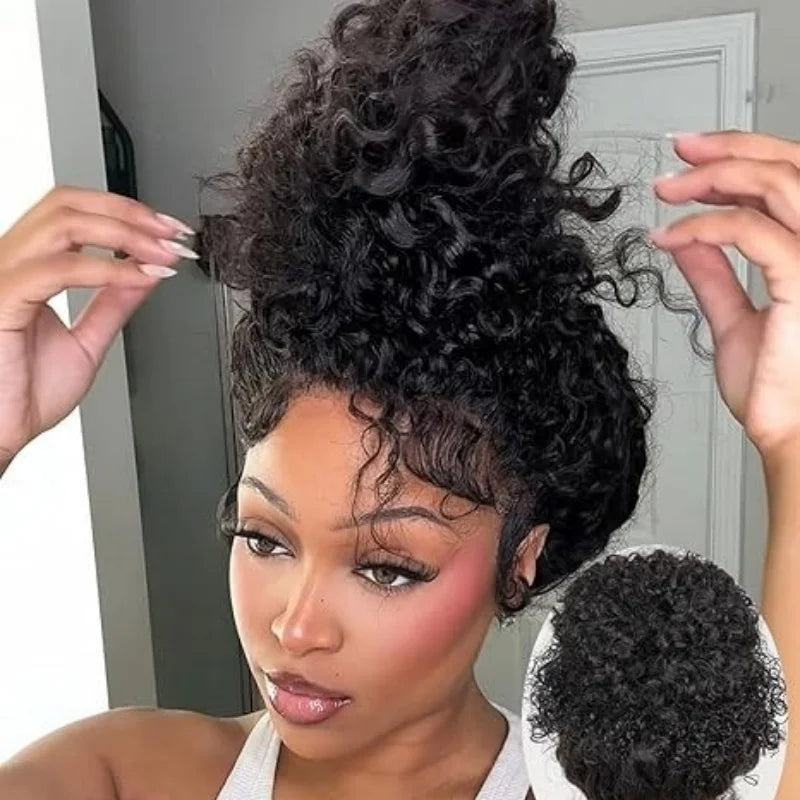 Woman with styled hair and a close-up of a hair extension.