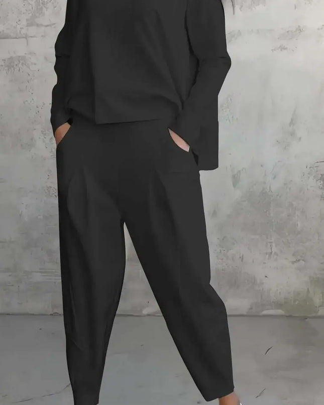 Women's Two-piece Solid Color Round Neck Long Sleeved Top and Casual Pants Set for Autumn 2024