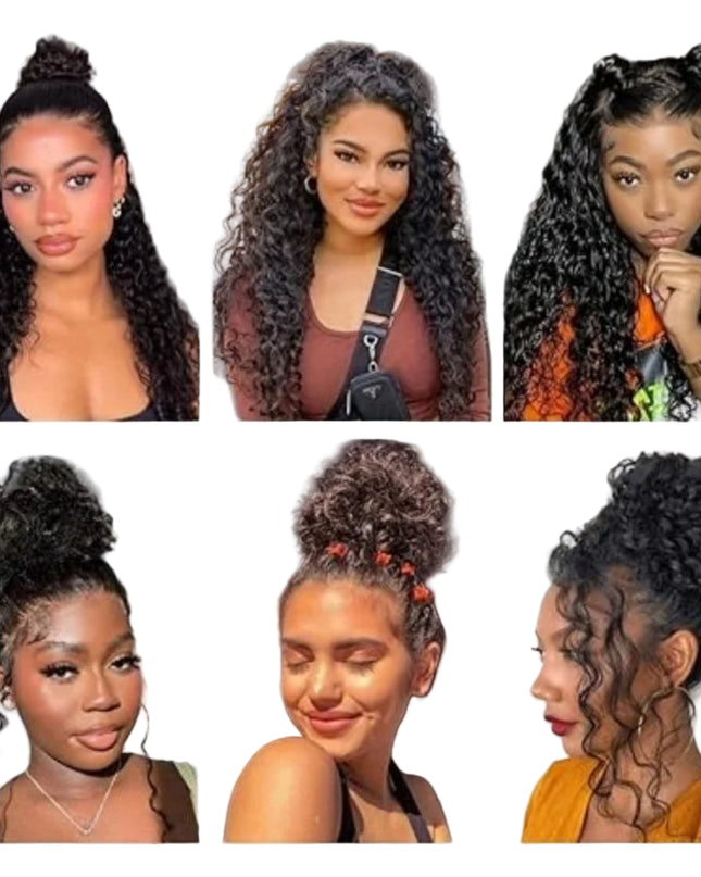 Collage of six women with styled hair in various poses and settings.