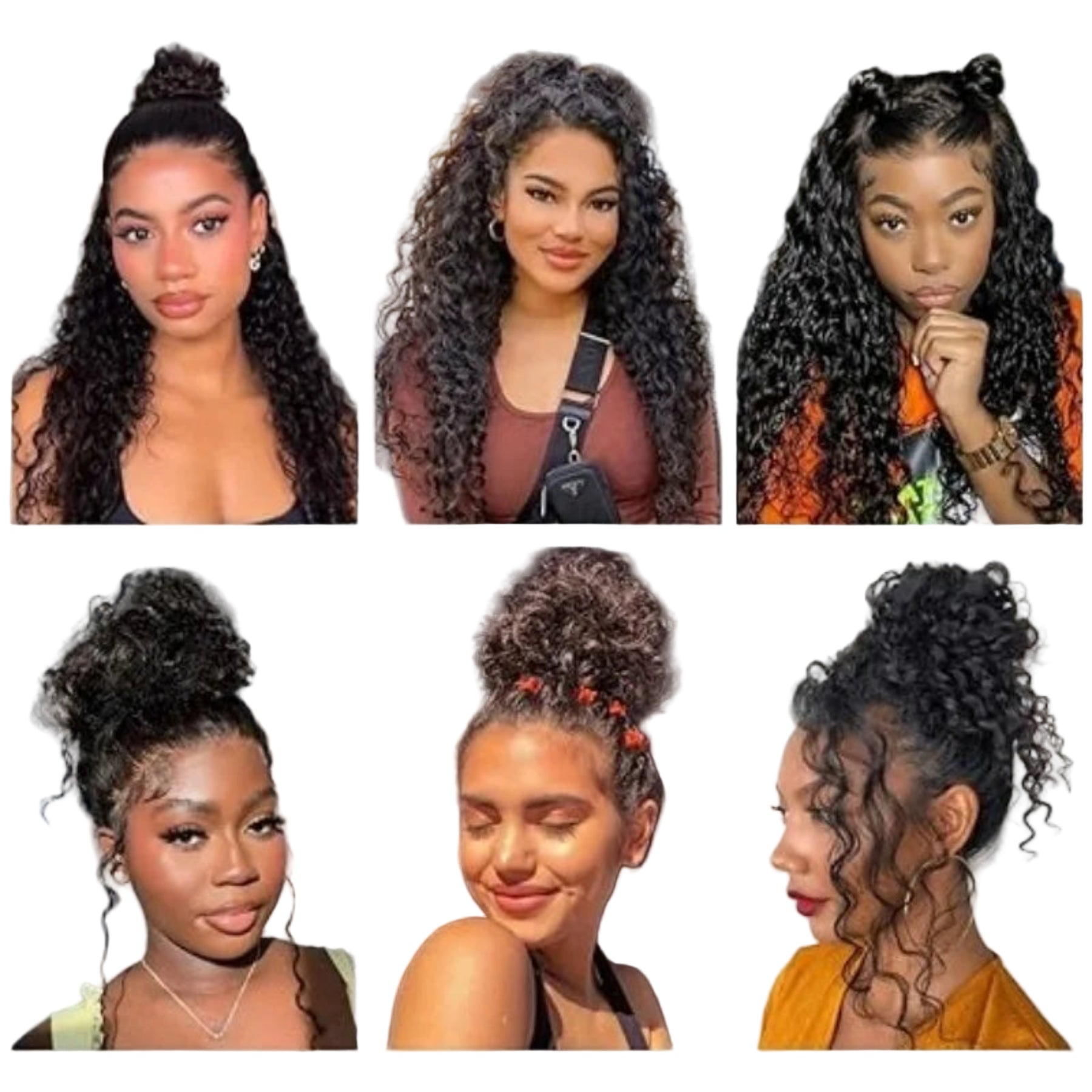 Collage of six women with styled hair in various poses and settings.