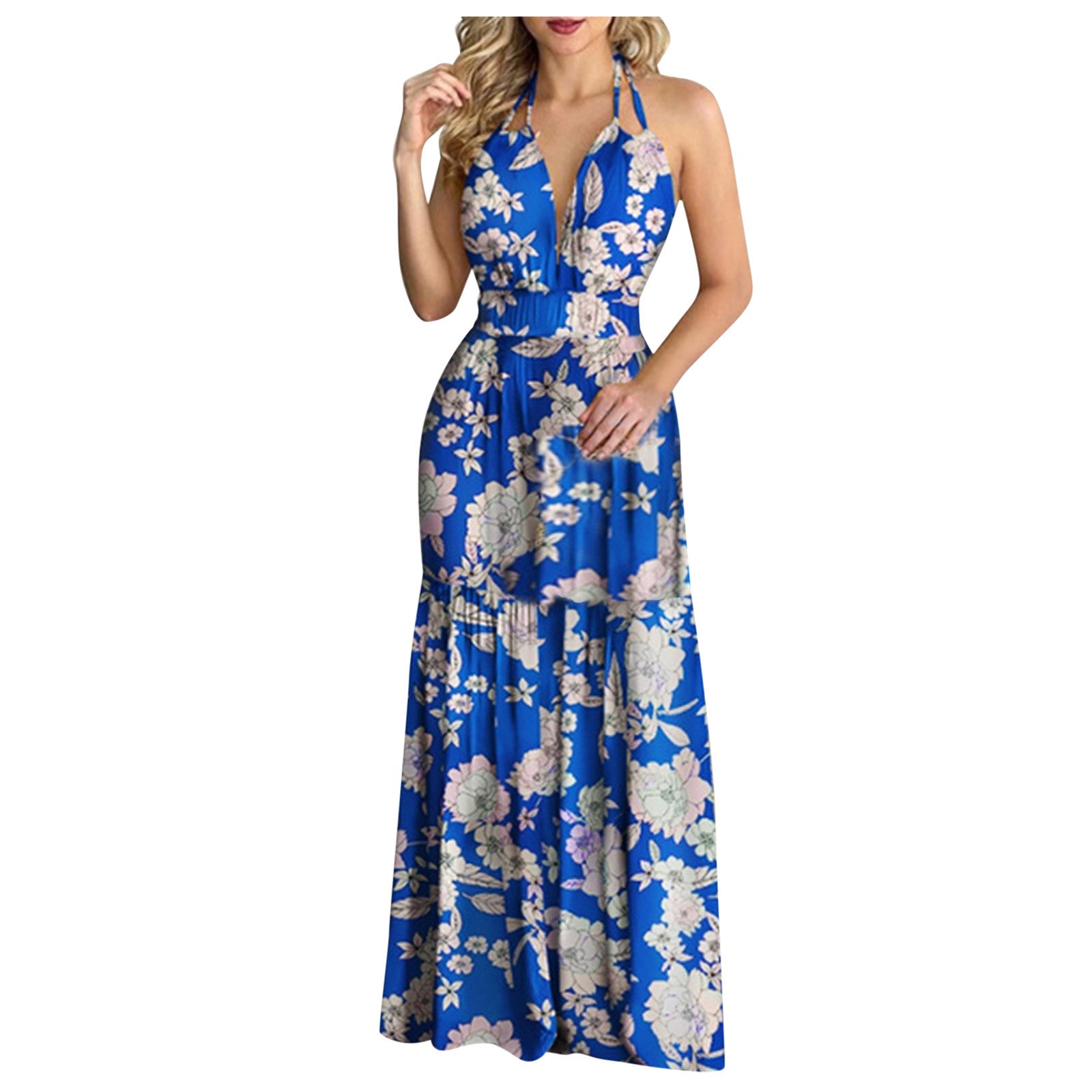 Women in a tropical print halter backless maxi dress with deep V neckline, perfect beachwear for summer.