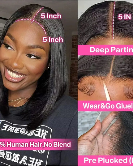 Wear & Go Glueless Bob Wig – Short Straight Human Hair Lace Closure Wig for Beginners