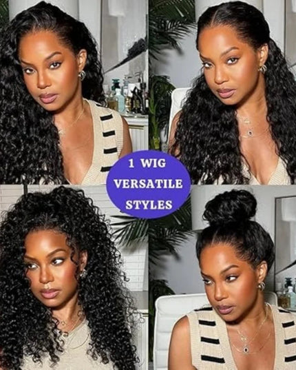 Woman with styled hair in various looks, promoting a versatile wig.