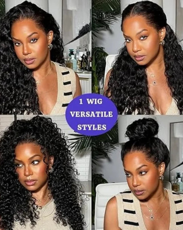 Woman with styled hair in various looks, promoting a versatile wig.