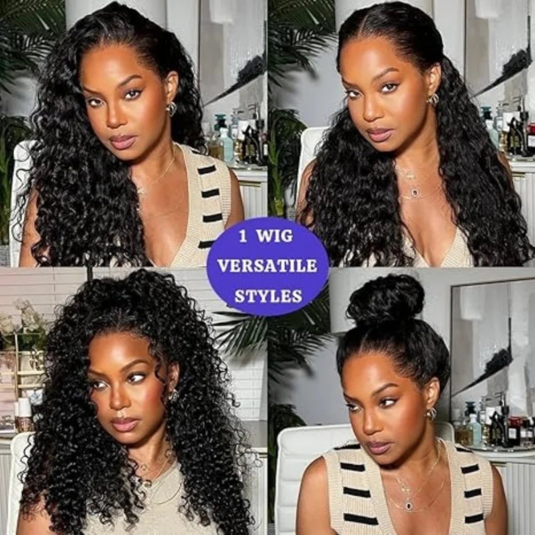 Woman with styled hair in various looks, promoting a versatile wig.