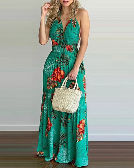 Women Tropical Print Halter Backless Maxi Dress Sexy Sleeveless Deeep V Beach Dress