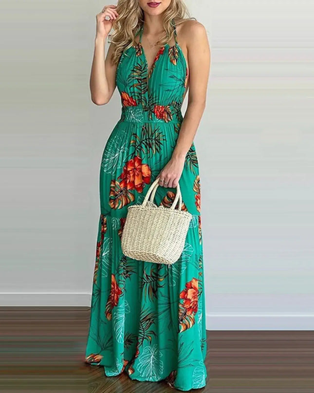 Women Tropical Print Halter Backless Maxi Dress Sexy Sleeveless Deeep V Beach Dress