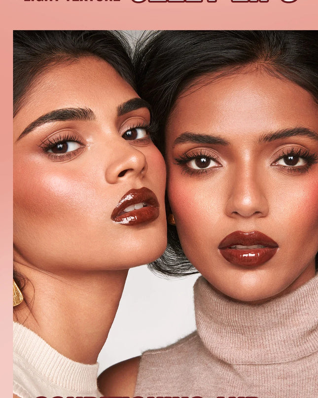 Two women with dark lipstick on a pink background with text about jelly lips.
