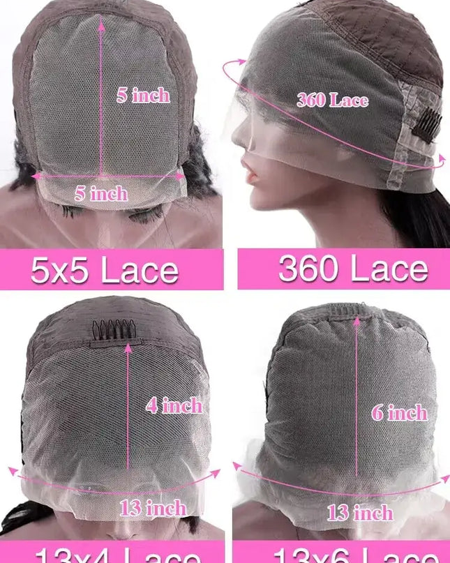Comparison of different lace types for a wig on a mannequin head with measurements.