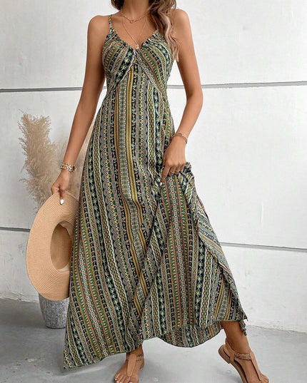 Women's Ethnic Pattern Backless Split Thigh Boho Maxi Dress