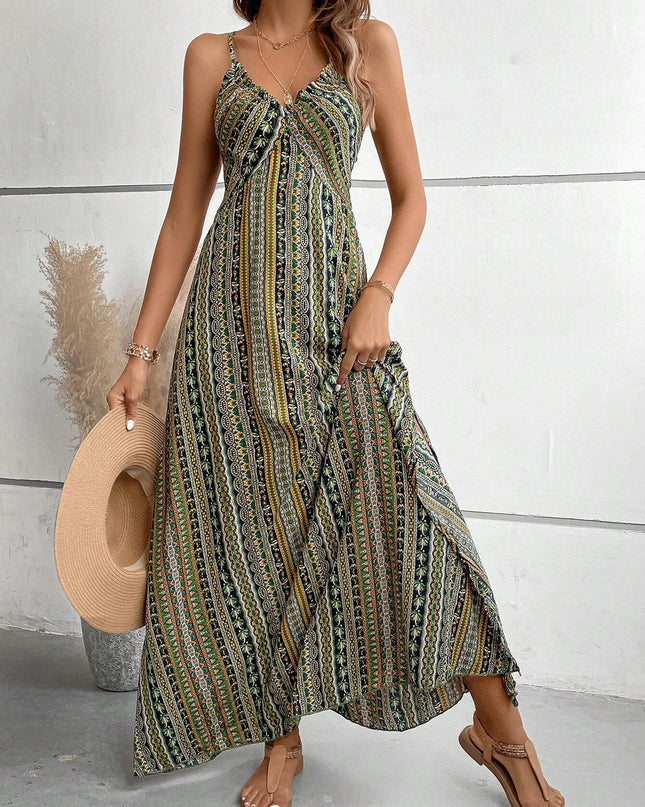 Women's Ethnic Pattern Backless Split Thigh Boho Maxi Dress