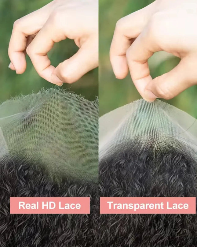 Comparison of real HD lace and transparent lace with a hand touching the fabric.