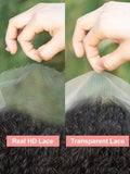 Comparison of real HD lace and transparent lace with a hand touching the fabric.