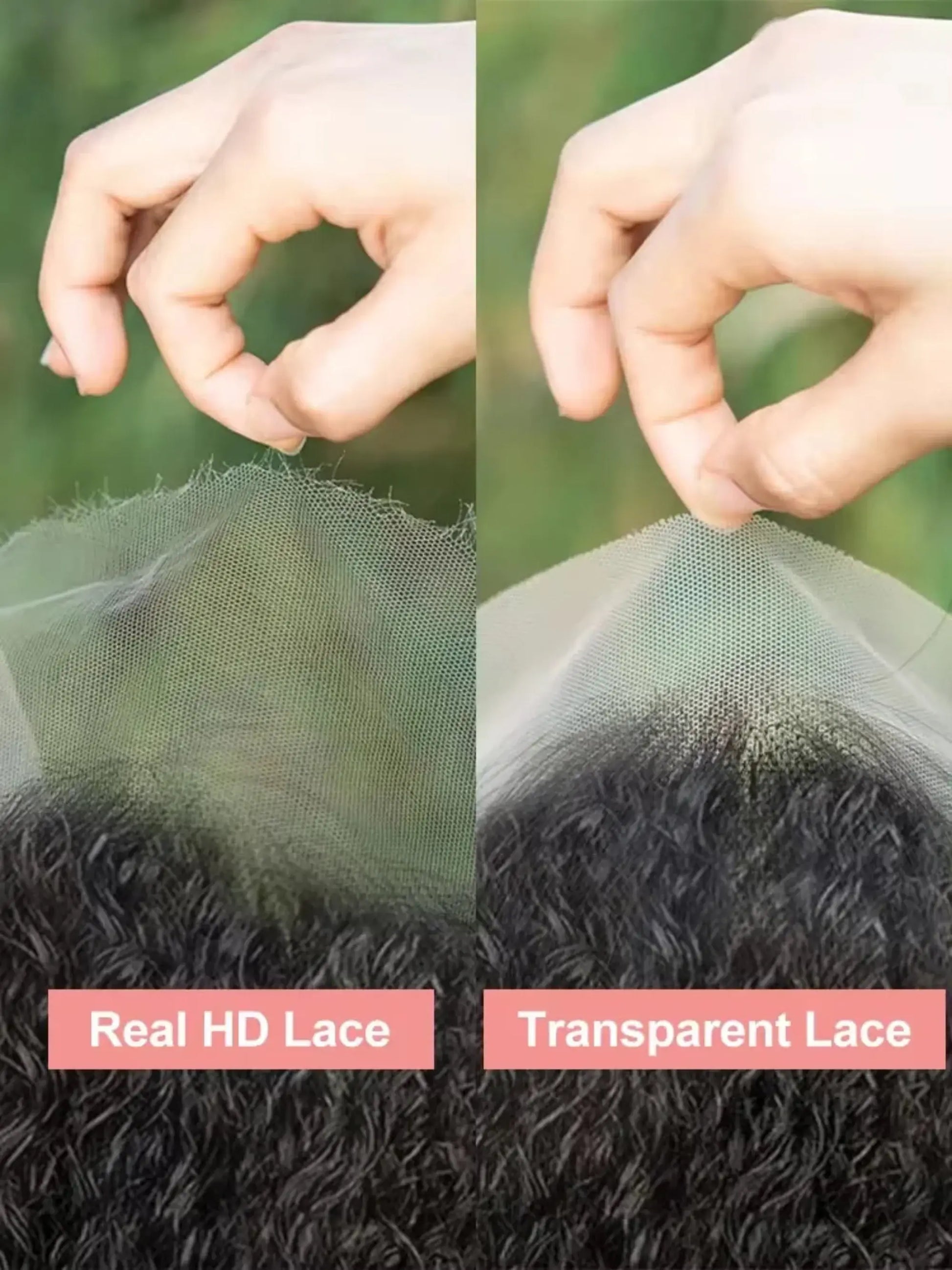 Comparison of real HD lace and transparent lace with a hand touching the fabric.