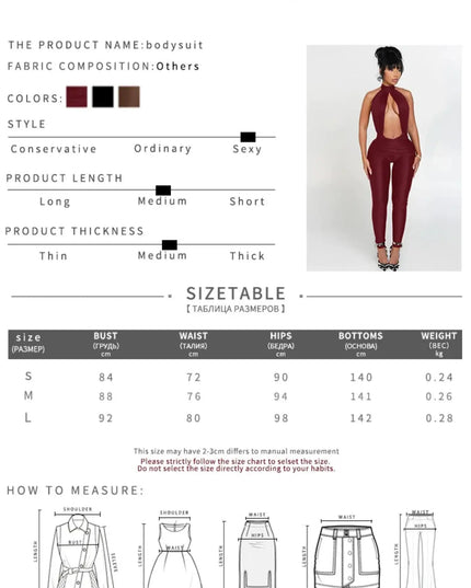 Product show with bodysuit details, size chart, and measurement guide.