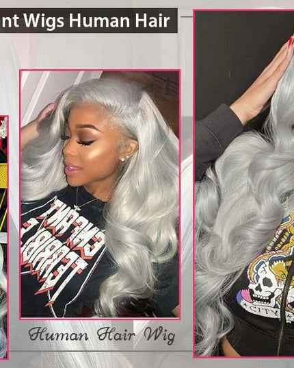 Gray lace front wig with human hair, featuring a model wearing it.