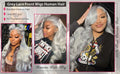Gray lace front wig with human hair, featuring a model wearing it.
