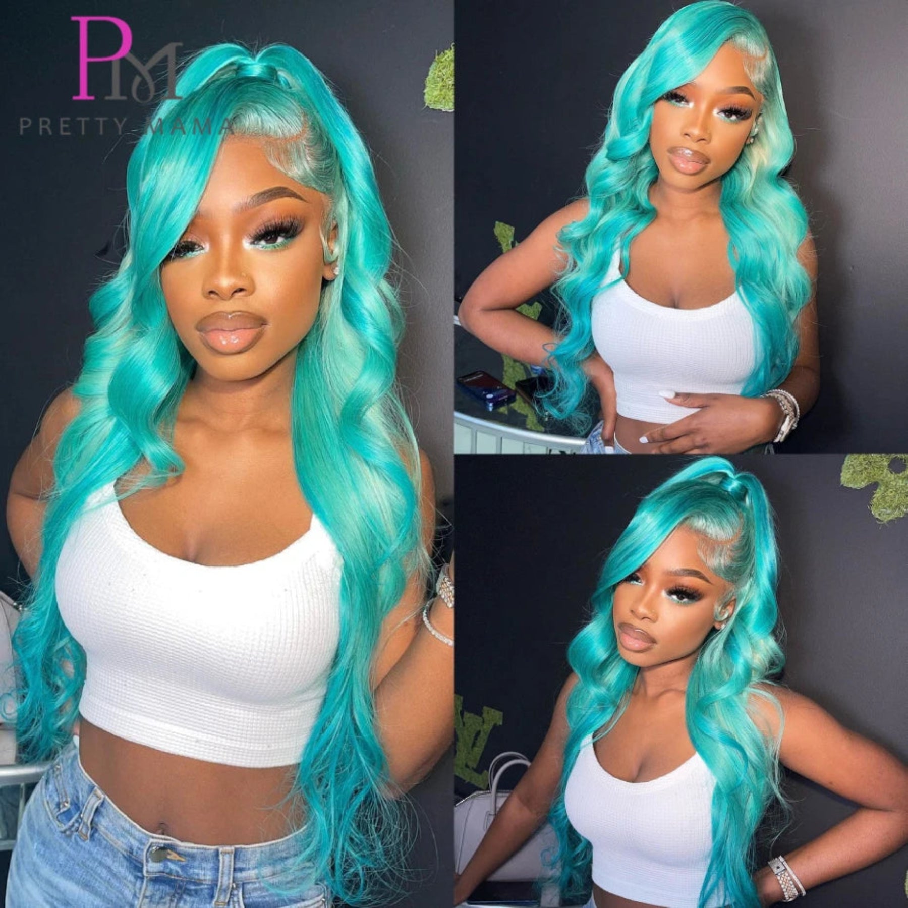 Woman with turquoise hair styled in different poses, wearing a white top and denim shorts.