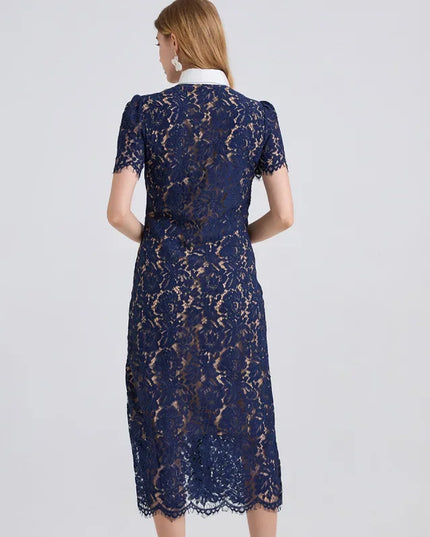Navy lace dress worn by a model on a light gray background
