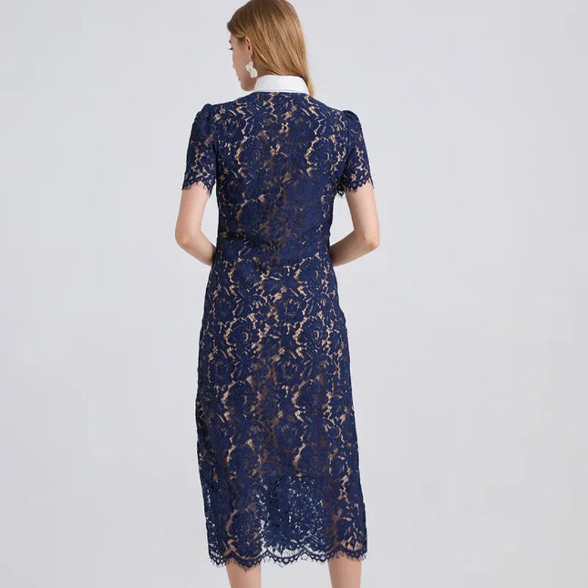 Navy lace dress worn by a model on a light gray background