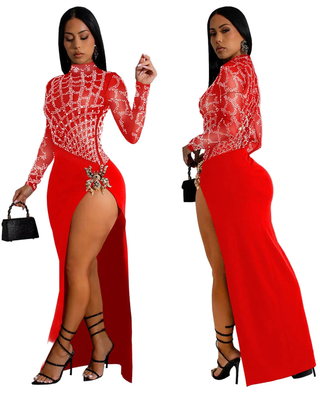 2024 Autumn Women's Hot Diamond Sexy Cutout Long-sleeved Slit Party Dress Birthday Dress for Women Sexy Dress