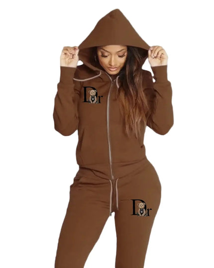 Brown hoodie and pants set with a logo on a gray background