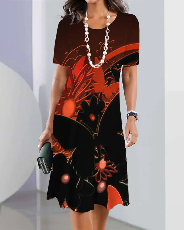 Elegant summer women's dresses 3d floral print featuring an A-line shape and short sleeves with a vibrant design.