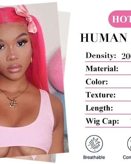 Hot pink human hair wig with product details on a white background
