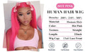 Hot pink human hair wig with product details on a white background