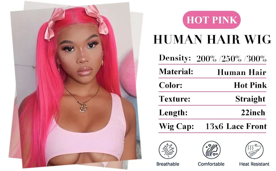 Hot pink human hair wig with product details on a white background