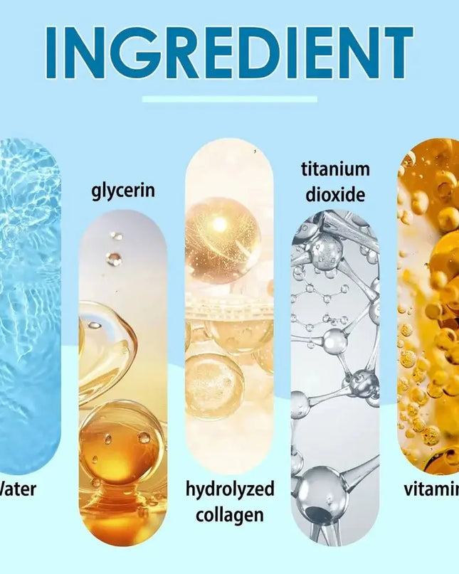 Image showcasing key ingredients for facial sunscreen: water, glycerin, titanium dioxide, hydrolyzed collagen, and vitamin E.