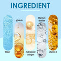 Image showcasing key ingredients for facial sunscreen: water, glycerin, titanium dioxide, hydrolyzed collagen, and vitamin E.