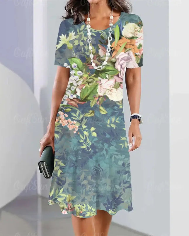 Summer women's dresses 3d floral print featuring elegant loose A-line design and short sleeves.