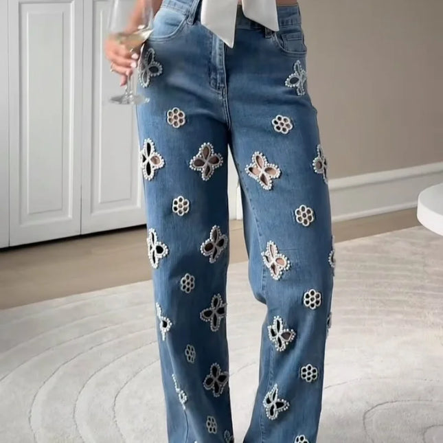Casual hollow out women’s jeans showcasing a unique hollow-out design, perfect for a fashionable, relaxed look.