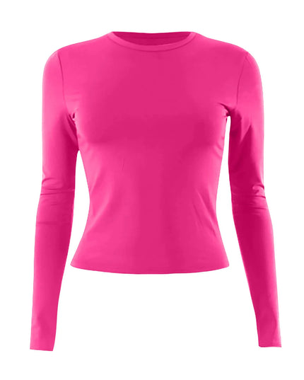 Women's Long Sleeve O-Neck Crop Top in vibrant pink color, featuring a slim fit and classic style.