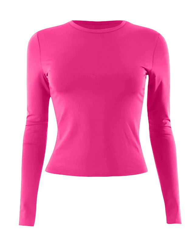 Women's Long Sleeve O-Neck Crop Top in vibrant pink color, featuring a slim fit and classic style.