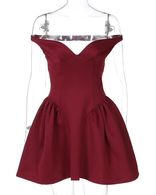Elegant Off Shoulder Draped V Neck Mini Dress in burgundy, perfect for parties and clubs, showcasing an A-Line silhouette.