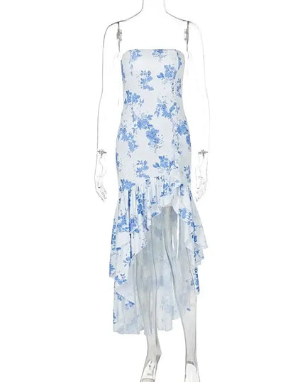 sexy strapless summer dress featuring blue floral design and irregular hem for a chic look.