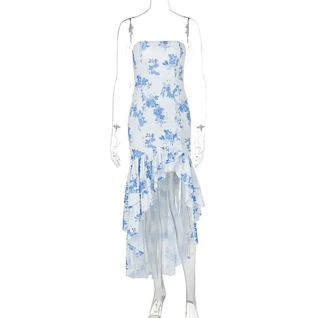 sexy strapless summer dress featuring blue floral design and irregular hem for a chic look.