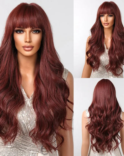 Brown Wavy Wigs for Women with Bangs Long Natural Synthetic Hair Wig Daily Cosplay Heat Resistant