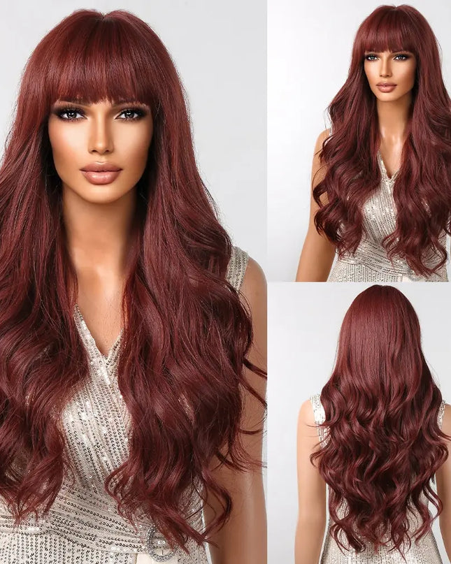 Brown Wavy Wigs for Women with Bangs Long Natural Synthetic Hair Wig Daily Cosplay Heat Resistant