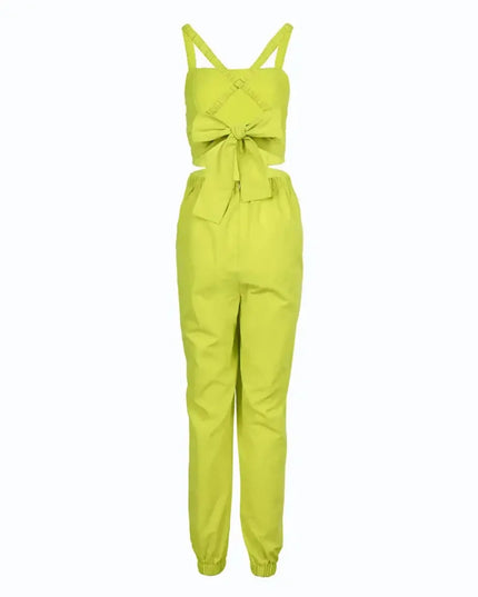 Neon green jumpsuit with a bow detail on a white background