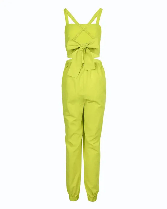 Neon green jumpsuit with a bow detail on a white background