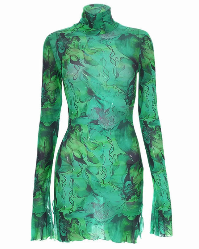 Y2K Mesh Bodycon Dress – Bell Sleeves, Open Hip Design